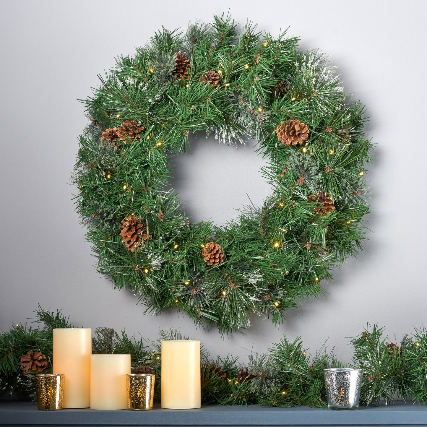 24" Cashmere Pine and Mixed Needles Warm White LED Artificial Christmas Wreath with Snowy Branches and Pinecones