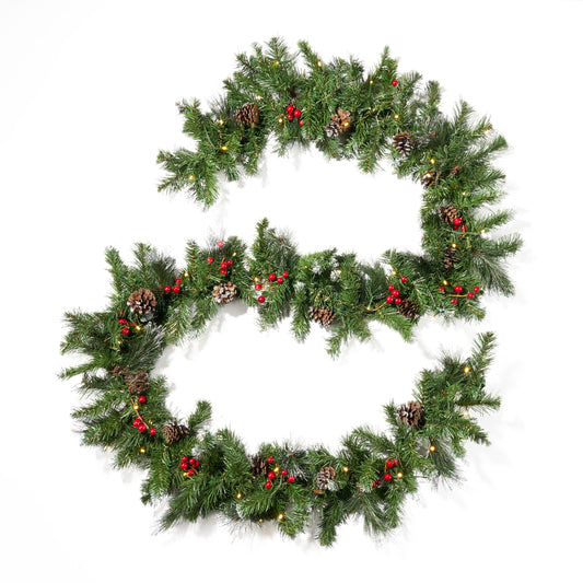 9-foot Mixed Spruce Pre-Lit Warm White LED Artificial Christmas Garland with Glitter Branches, Red Berries and Pinecones