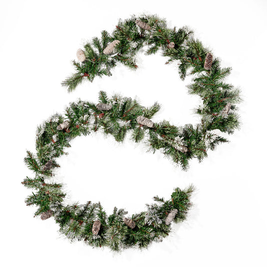 9-foot Cashmere Pine and Mixed Needle Pre-Lit Warm White LED Artificial Christmas Garland with Snow and Glitter Branches and Frosted Pinecones