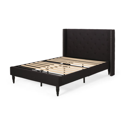 Ray Contemporary Rhinestone-Tufted Wingback Bed Frame with Nailhead Trim