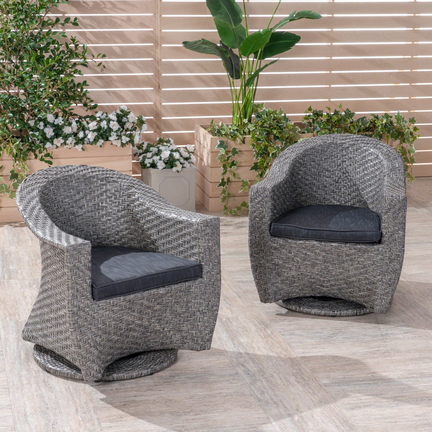 Larchmont Patio Swivel Chairs, Wicker with Outdoor Cushions, Mixed Black and Dark Gray