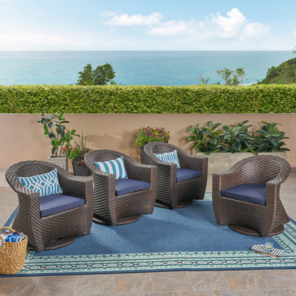 Florence Patio Swivel Chairs, Wicker with Outdoor Cushions, Multi-Brown and Navy Blue