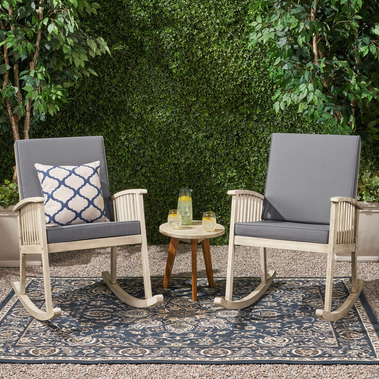 Emma Outdoor Acacia Wood 2 Seater Rocking Chairs and Side Table Set