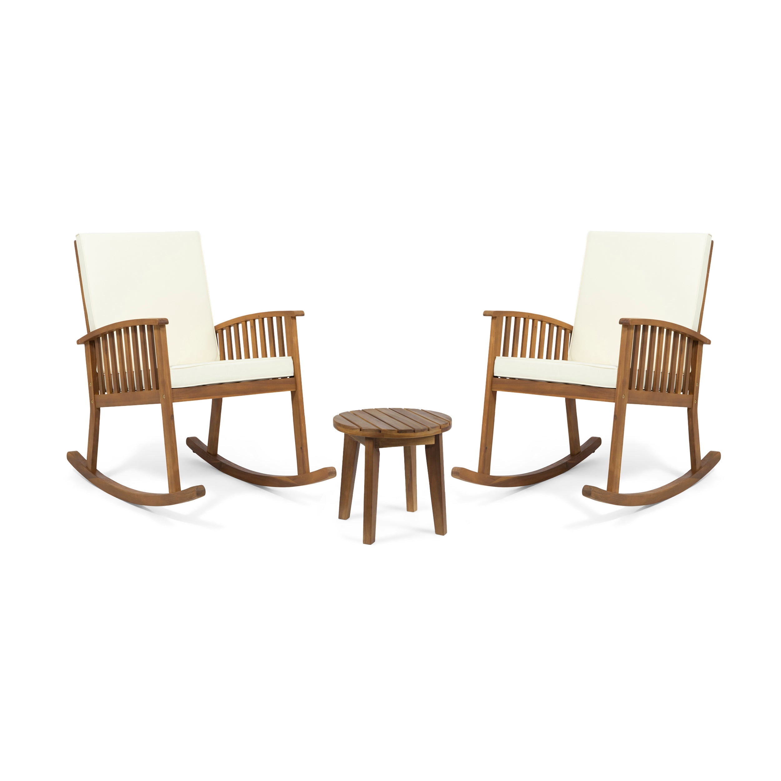 Sandra Outdoor Acacia Wood 2 Seater Rocking Chairs and Side Table