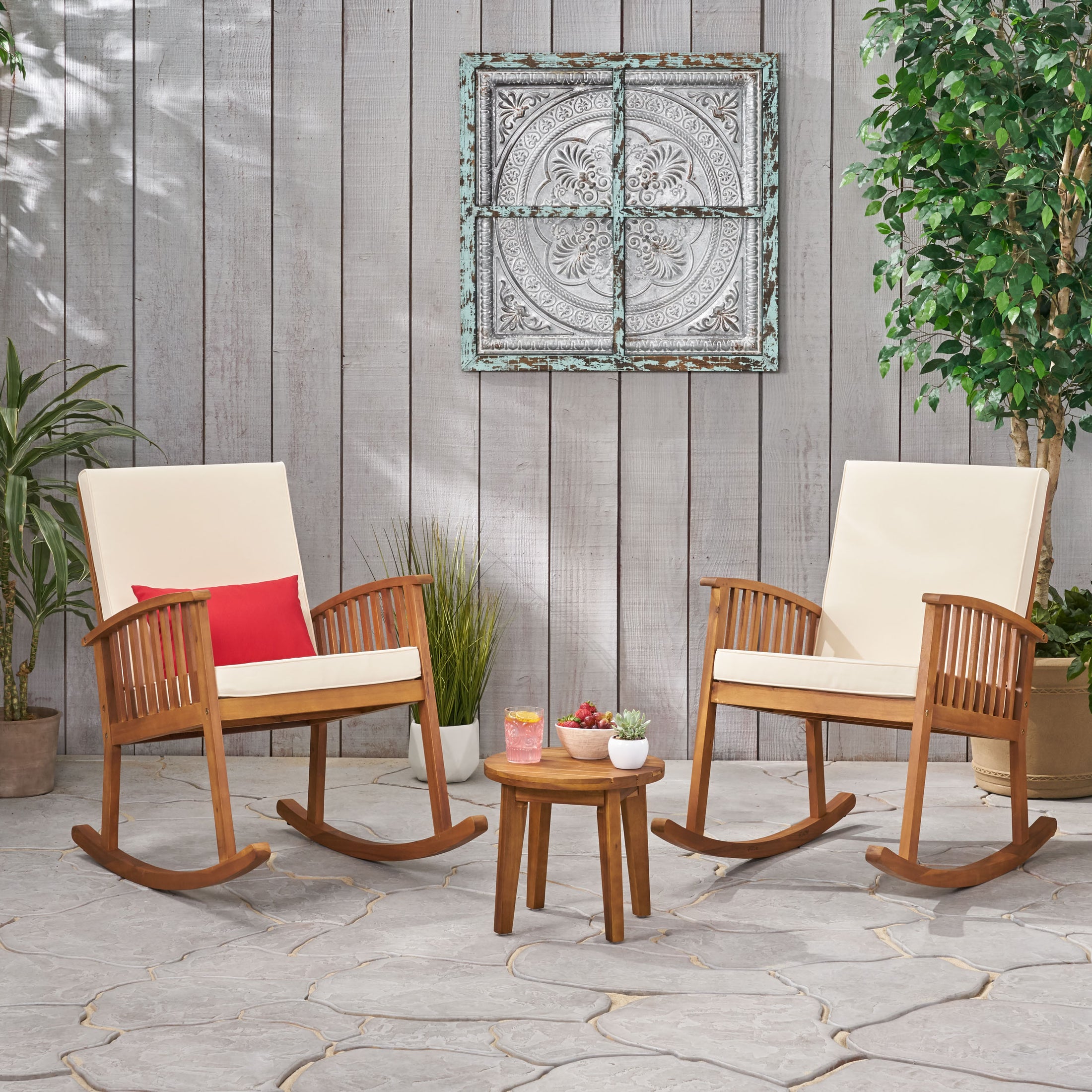 Sandra Outdoor Acacia Wood 2 Seater Rocking Chairs and Side Table Set ...