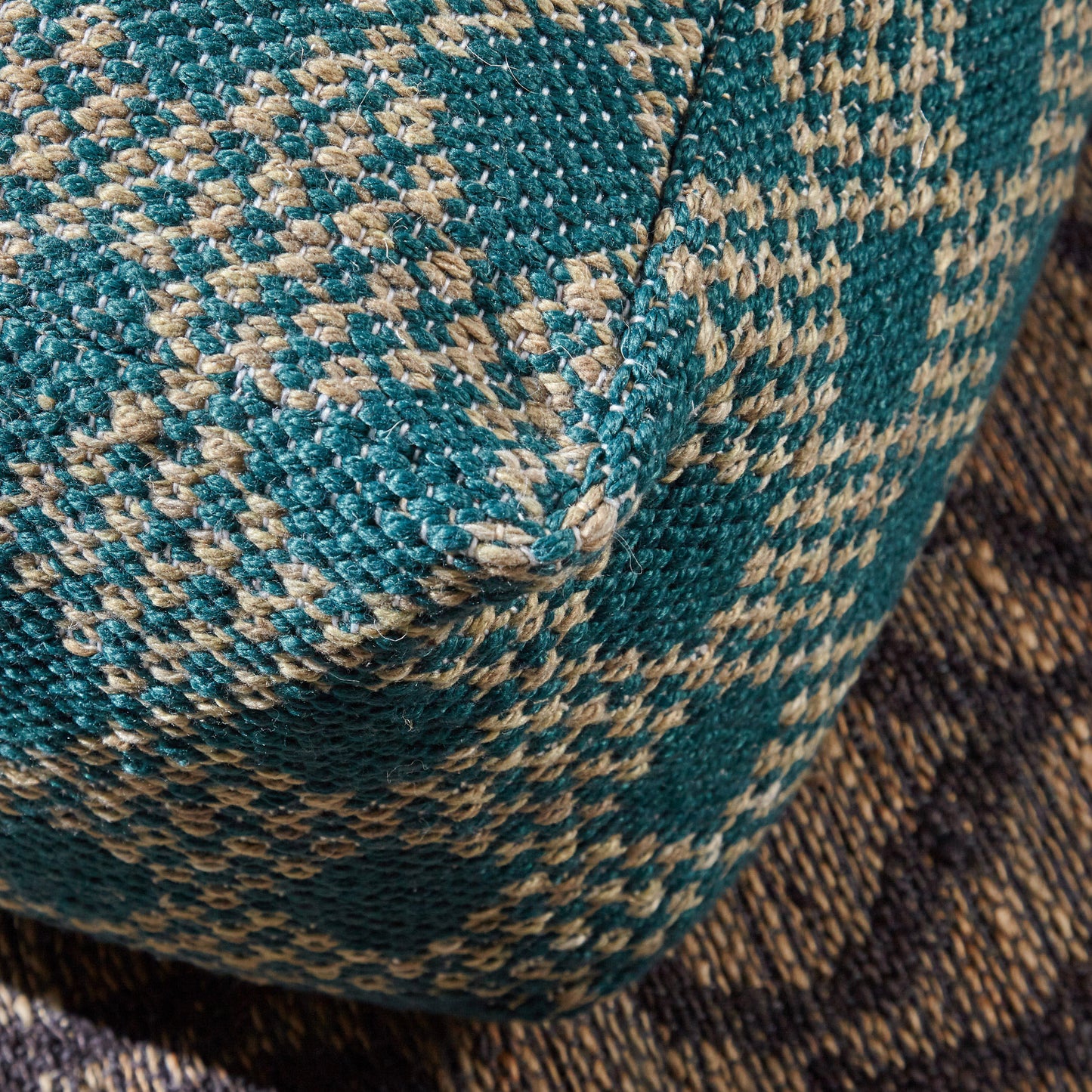 Betty Large Square Casual Pouf, Boho, Beige and Teal Yarn