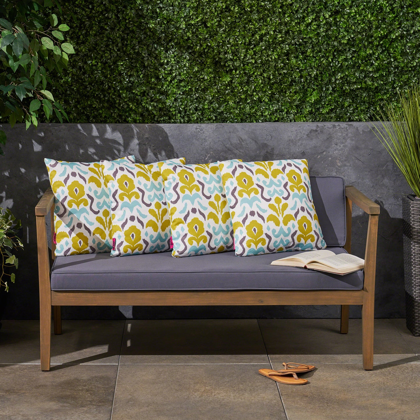 Simona Outdoor Cushion, 17.75" Square, Abstract Floral Pattern, Cream, Yellow, Light Blue, Gray