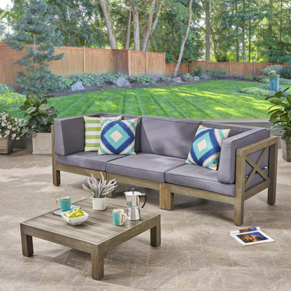 Keith Outdoor Sectional Sofa Set with Coffee Table  3-Seater  Acacia Wood  Water-Resistant Cushions