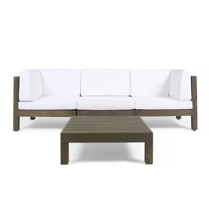 Keith Outdoor Sectional Sofa Set with Coffee Table  3-Seater  Acacia Wood  Water-Resistant Cushions
