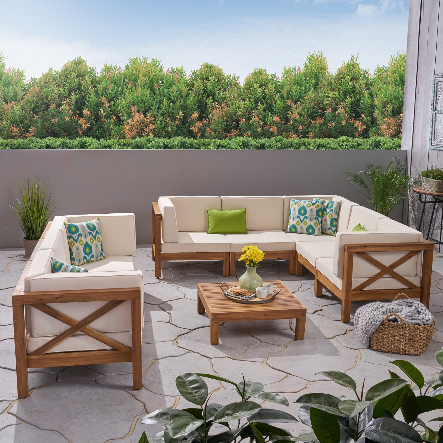 Cynthia Outdoor Acacia Wood 8 Seater Sectional Sofa Set with Coffee Table
