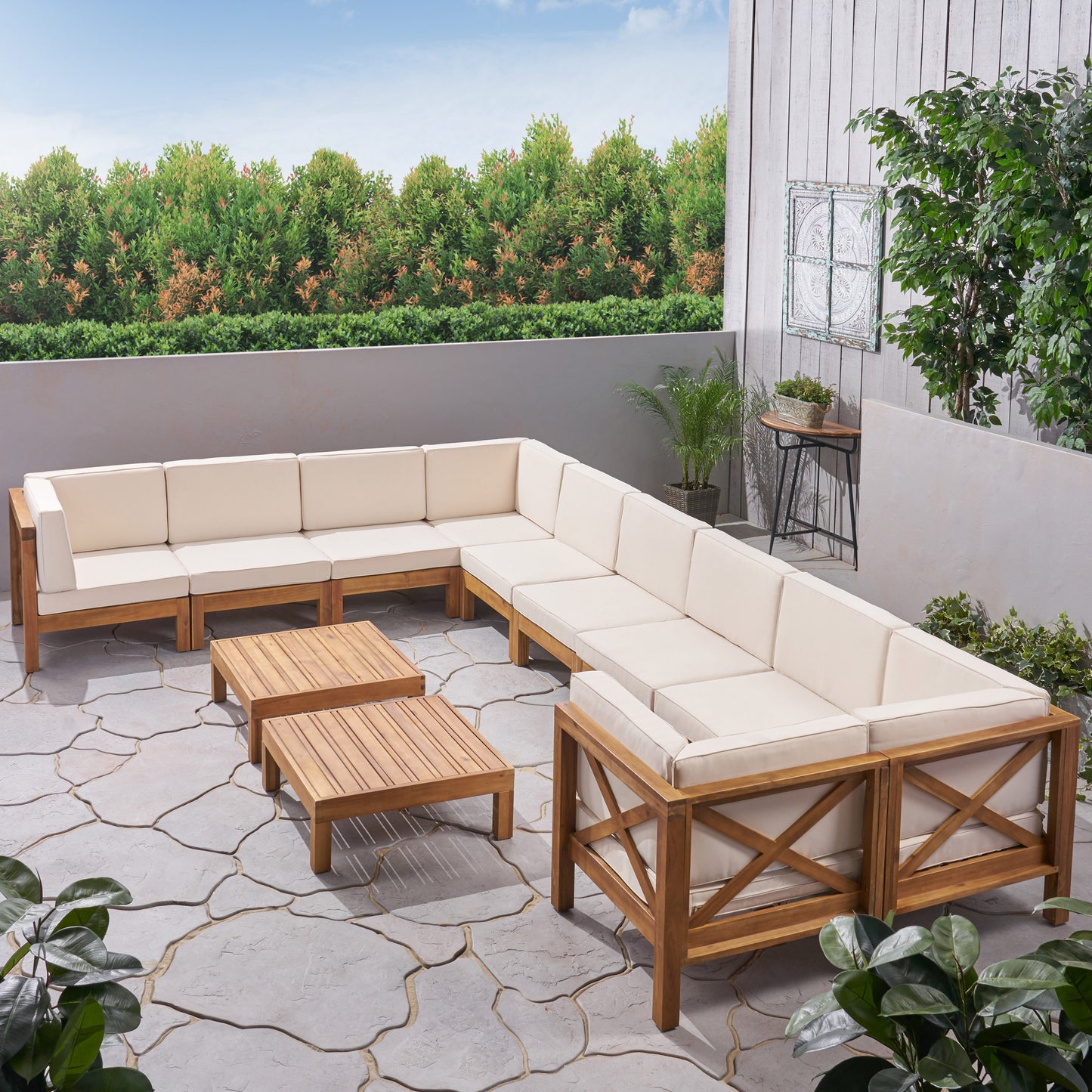 Cynthia Outdoor Acacia Wood 10 Seater U-Shaped Sectional Sofa Set with Two Coffee Tables
