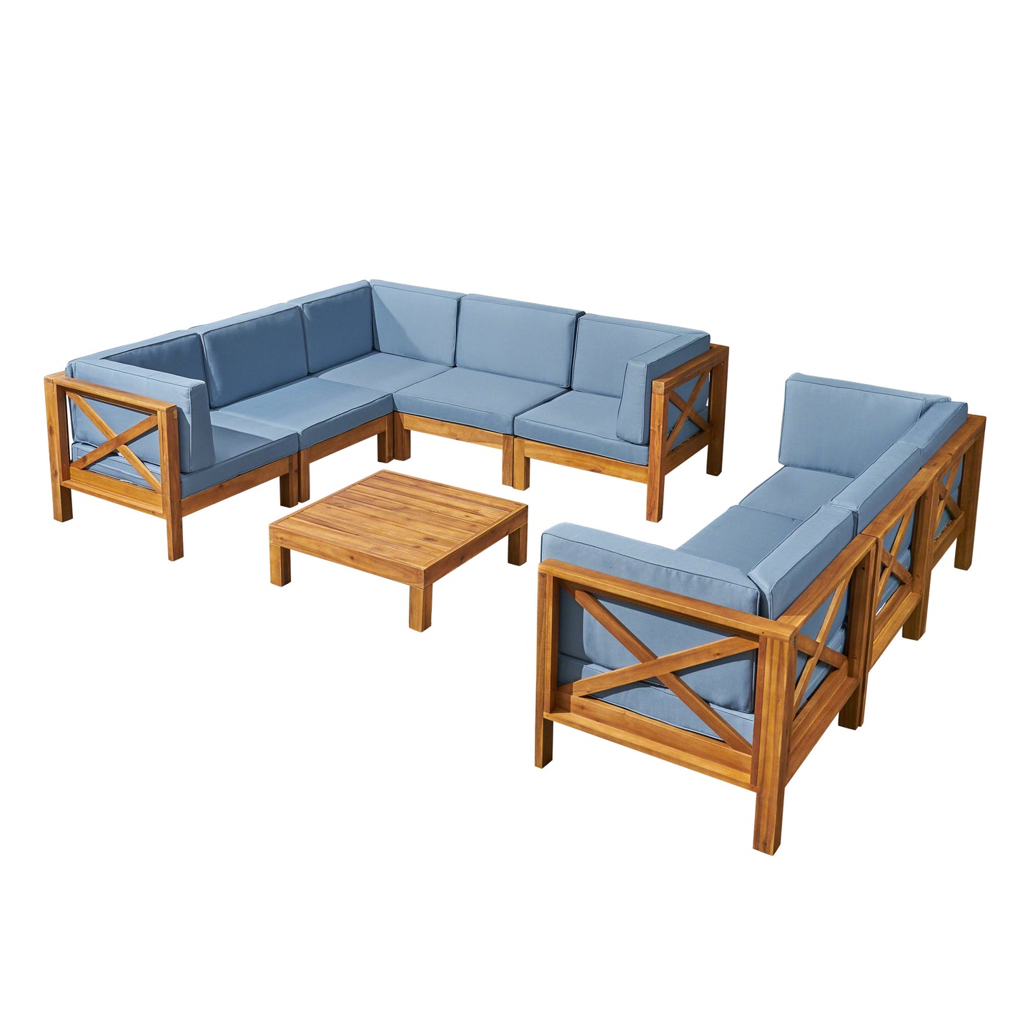 Cynthia Outdoor Acacia Wood 8 Seater Sectional Sofa Set with Coffee Table, Teak, Blue