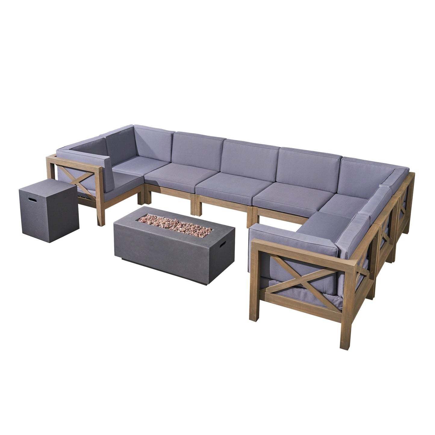 Cynthia Outdoor Acacia Wood 8 Seater U-Shaped Sectional Sofa Set with Fire Pit