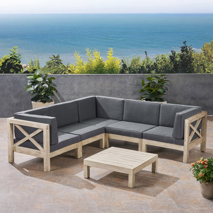 Brava Outdoor 5-Seater Gray Acacia Wood Sectional Sofa Set with Coffee Table