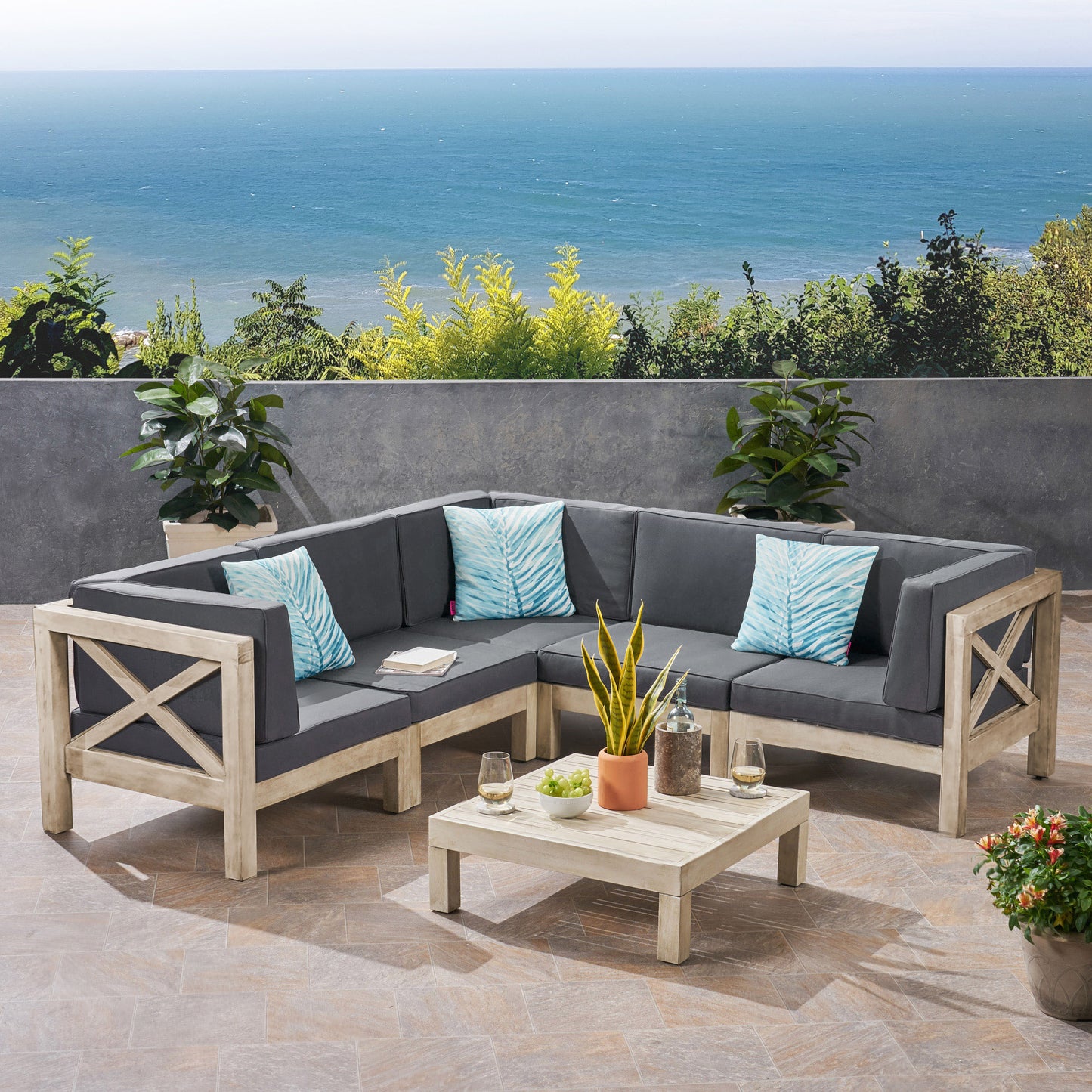 Brava Outdoor 5-Seater Gray Acacia Wood Sectional Sofa Set with Coffee Table