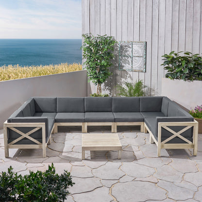 Olivia Outdoor 9 Seater Acacia Wood Sectional Sofa Set, Weathered Finish and Dark Gray