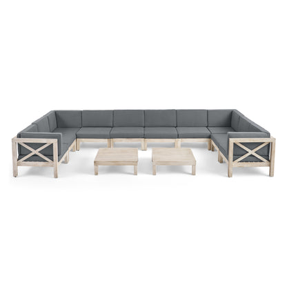 Cynthia Outdoor Acacia Wood 10 Seater U-Shaped Sectional Sofa Set with Two Coffee Tables