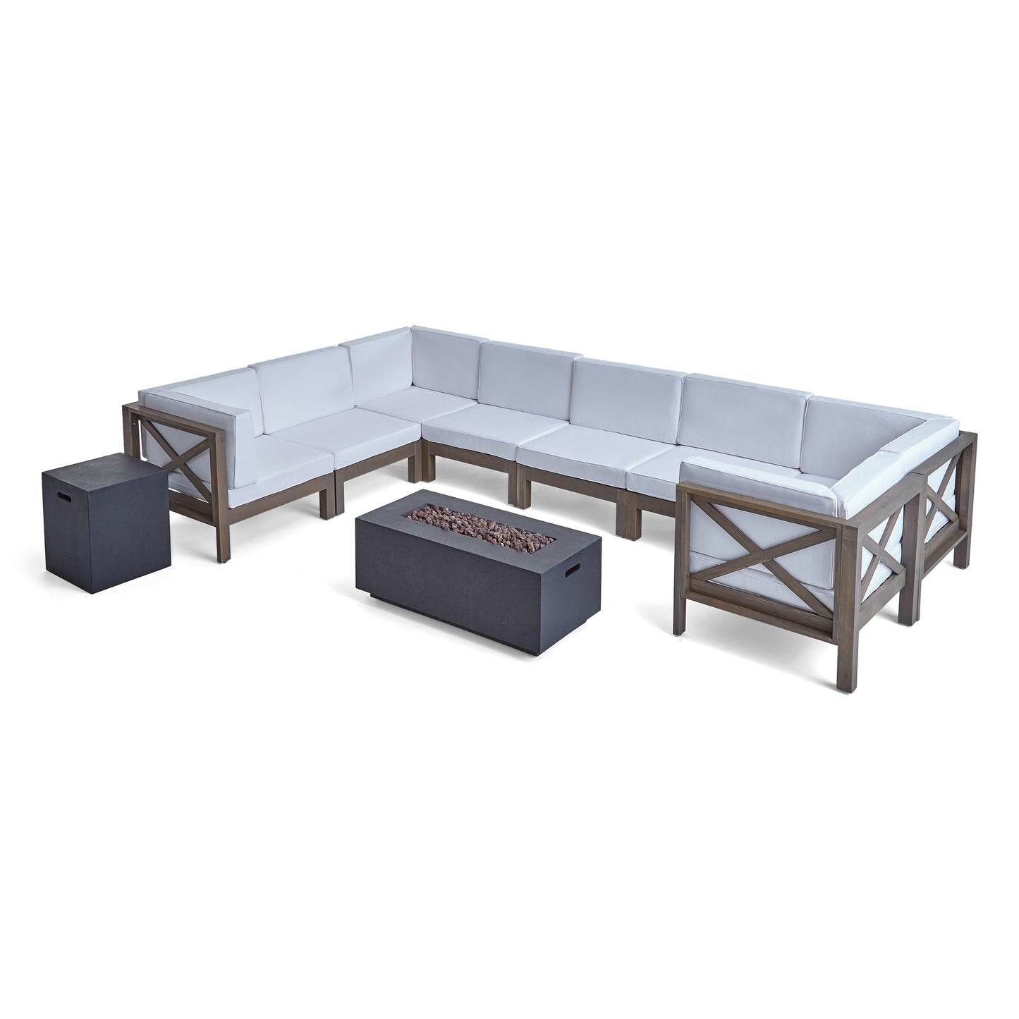 Cynthia Outdoor Acacia Wood 10-Piece U-Shaped Sectional Sofa Set with Fire Pit