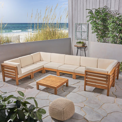 Dawson Outdoor U-Shaped Sectional Sofa Set with Coffee Table - 9-Piece 8-Seater - Acacia Wood - Outdoor Cushions