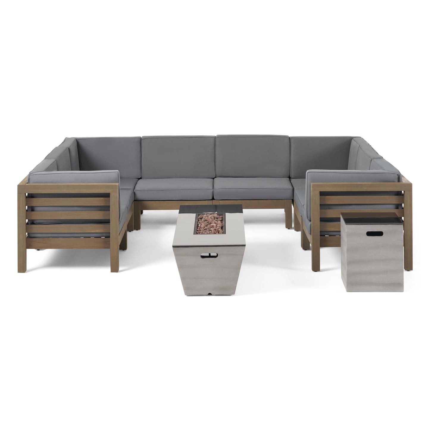 Kendry Outdoor Modern 8 Seater Acacia Wood Sectional Sofa Set with Fire Pit and Tank Holder