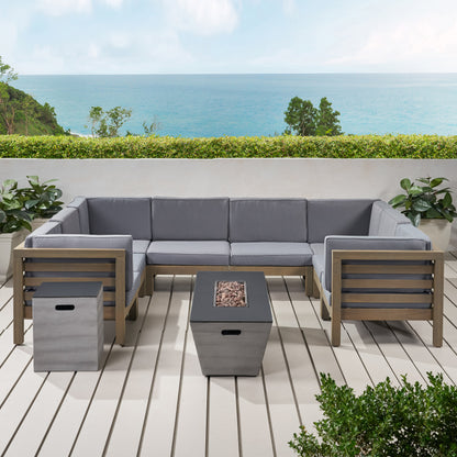 Kendry Outdoor Modern 8 Seater Acacia Wood Sectional Sofa Set with Fire Pit and Tank Holder