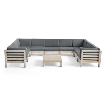 Ravello Outdoor 9 Seater Acacia Wood Sectional Sofa Set, Weathered Gray Finish and Dark Gray