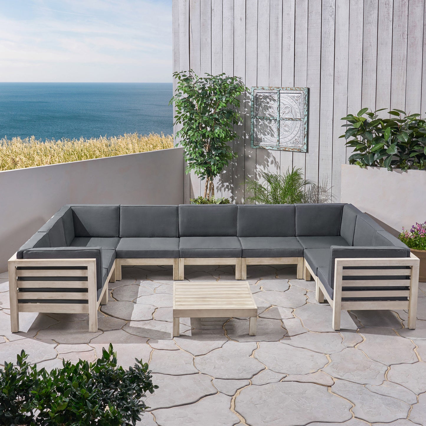 Ravello Outdoor 9 Seater Acacia Wood Sectional Sofa Set, Weathered Gray Finish and Dark Gray