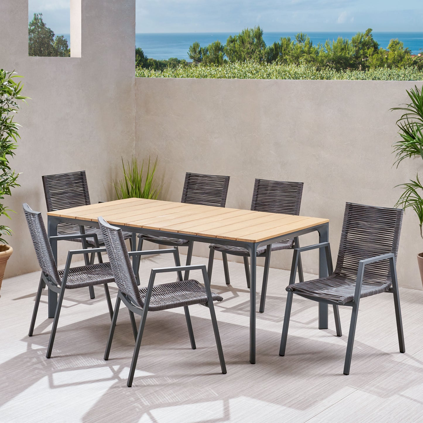 Severide Outdoor Modern 6 Seater Aluminum Dining Set with Eucalyptus Table Top