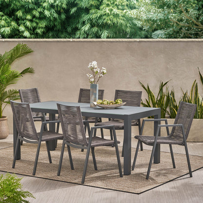 Amir Outdoor Modern 6 Seater Aluminum Dining Set with Tempered Glass Top