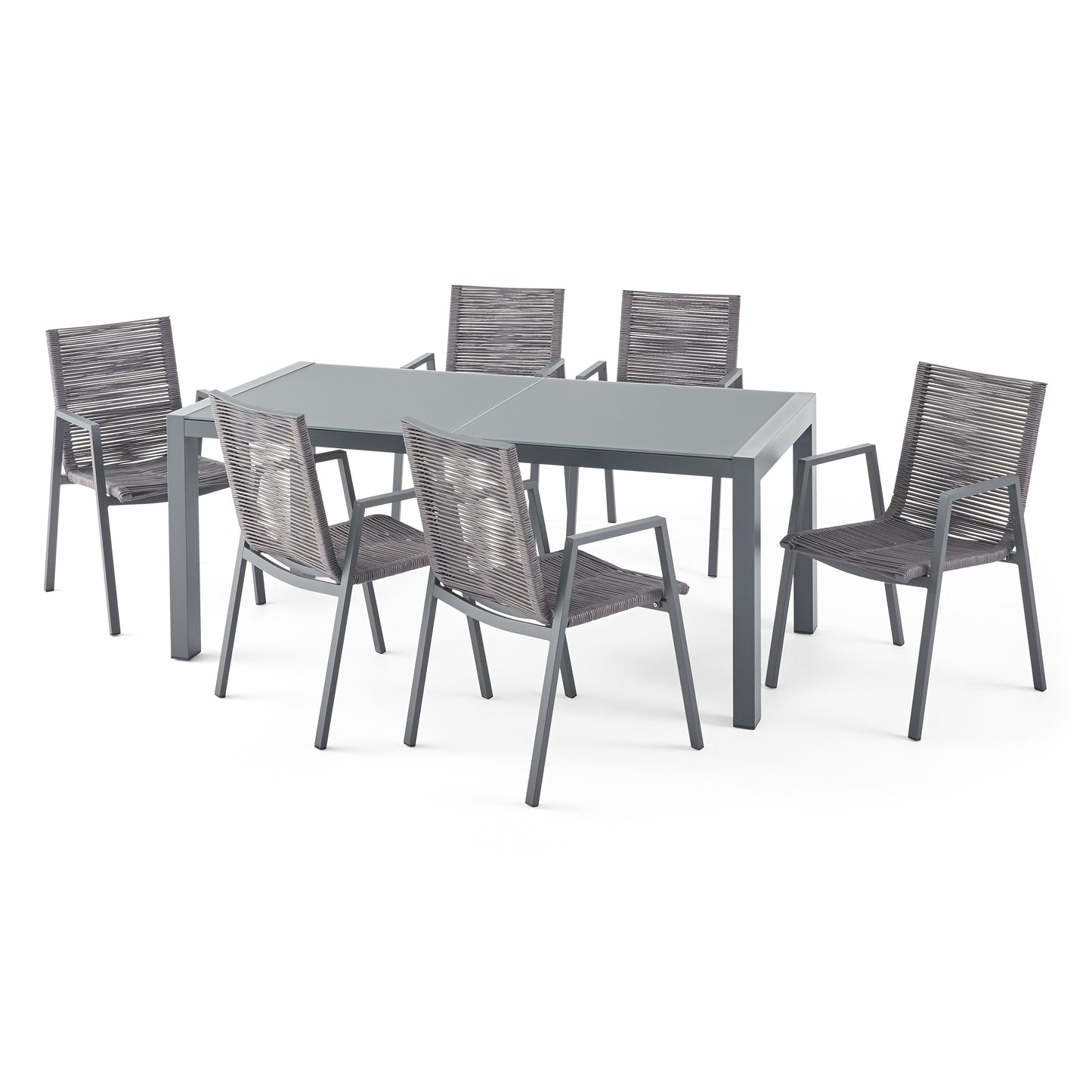 Amir Outdoor Modern 6 Seater Aluminum Dining Set with Tempered Glass Top