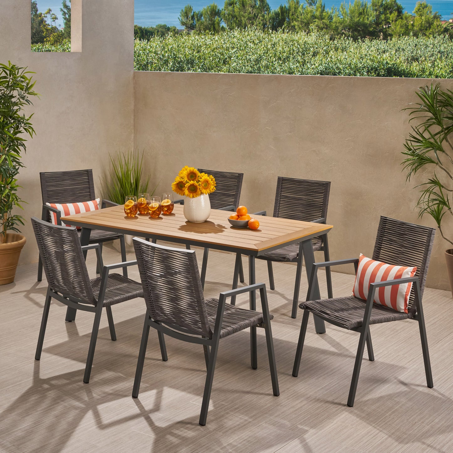 Asir Outdoor Modern 6 Seater Aluminum Dining Set with Faux Wood Table Top