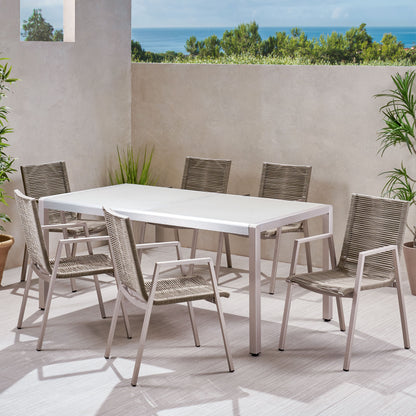 Damyrah Outdoor Modern 6 Seater Aluminum Dining Set with Tempered Glass Top