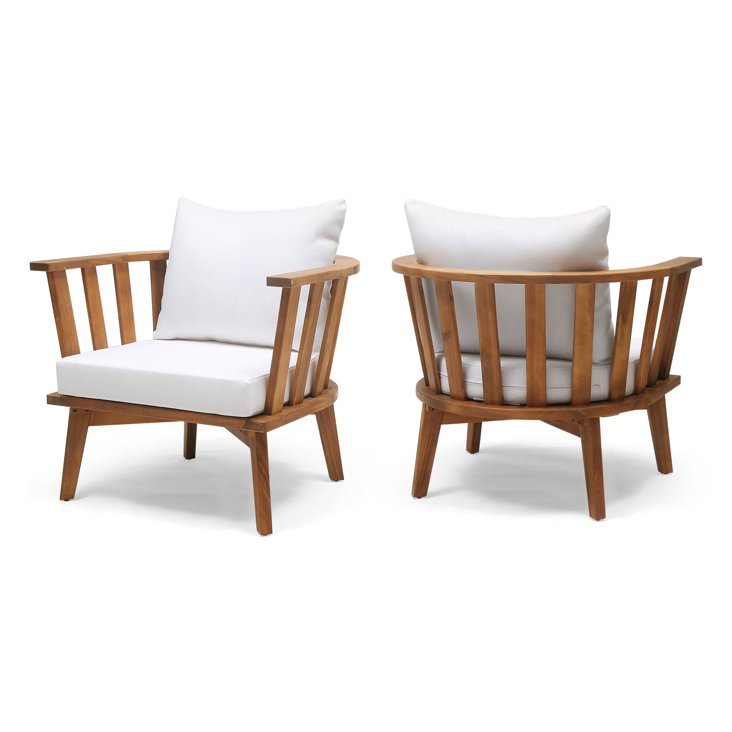 Dean Outdoor Wooden Club Chair with Cushions (Set of 2), White and Teak Finish