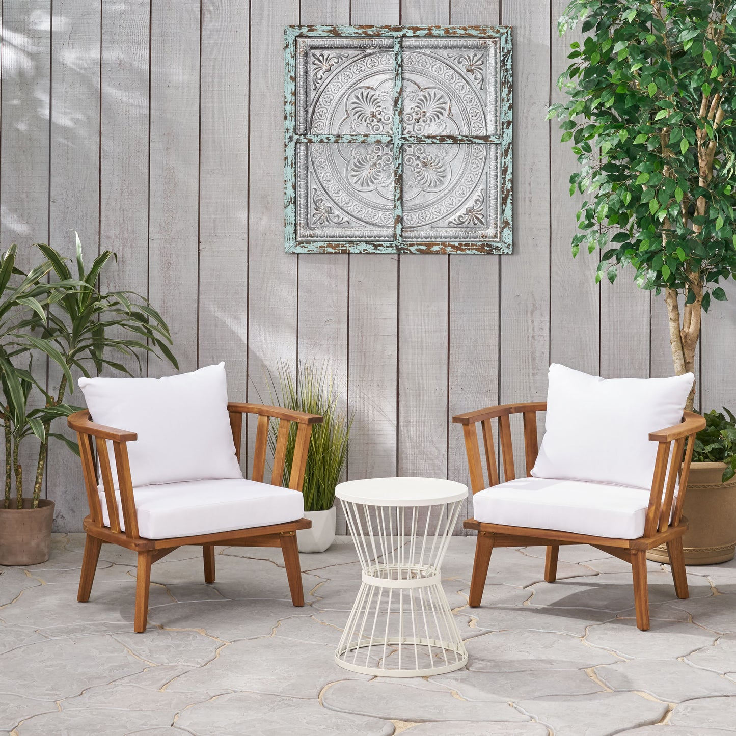 Nancy Outdoor Acacia Wood 2 Seater Club Chairs and Side Table Set