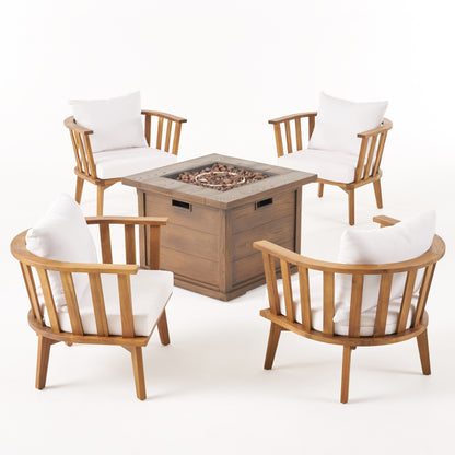 Natasha Outdoor Acacia Wood 4 Seater Club Chairs and Fire Pit Set