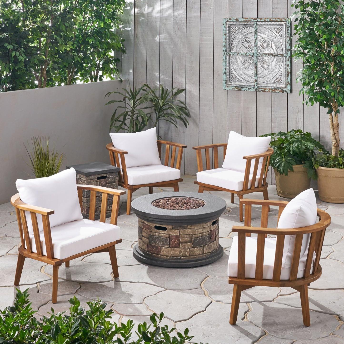 Julianna Outdoor Acacia Wood 4 Seater Club Chairs and Fire Pit Set
