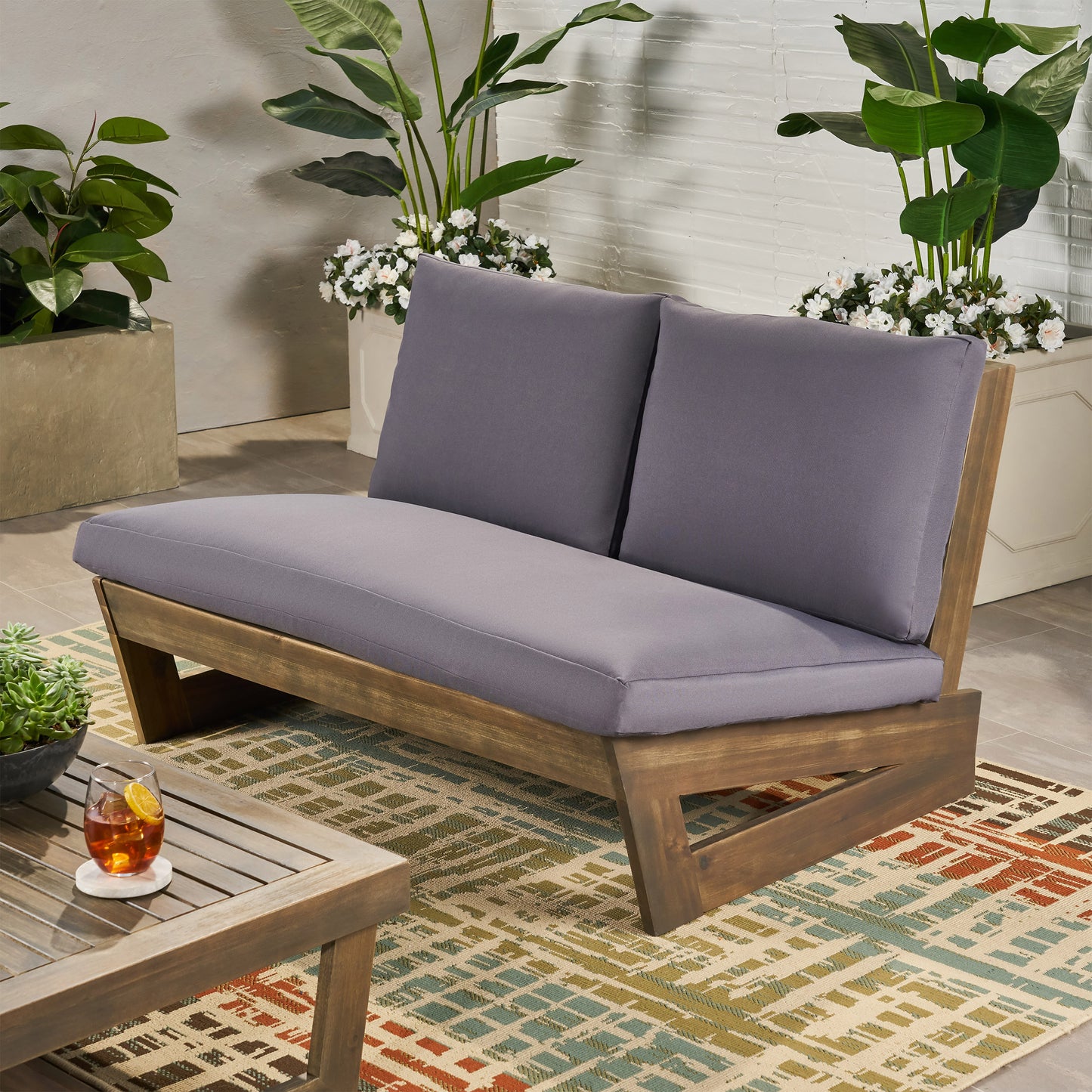 Emma Outdoor Acacia Wood Loveseat with Cushions