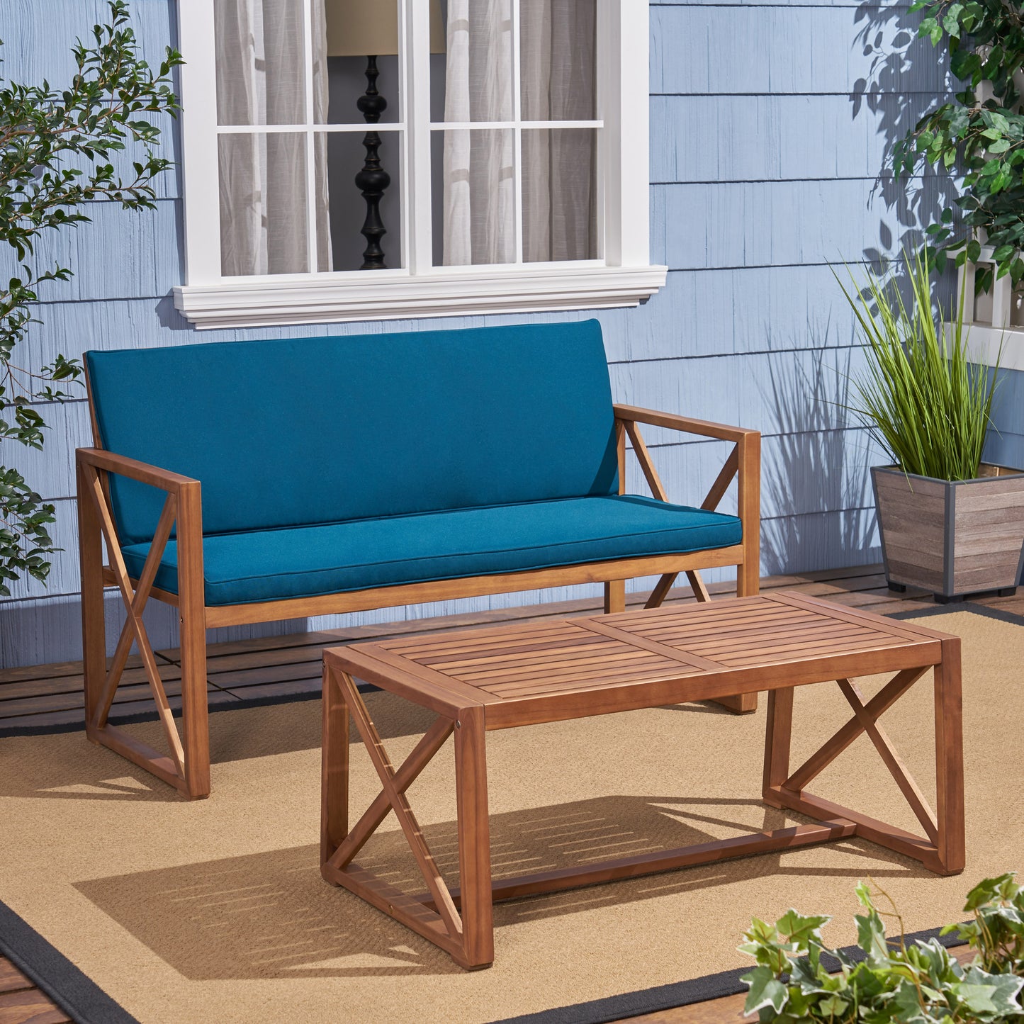 Hazel Outdoor Acacia Wood Loveseat with Coffee Table Set with Cushions