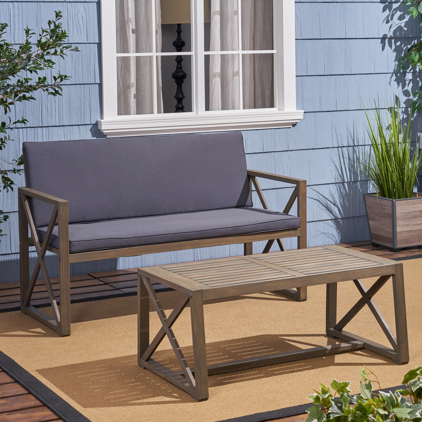 Hazel Outdoor Acacia Wood Loveseat with Coffee Table Set with Cushions