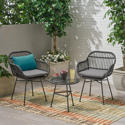 Lesley Outdoor Faux Wicker 2 Seater Chat Set with Tempered Glass Table