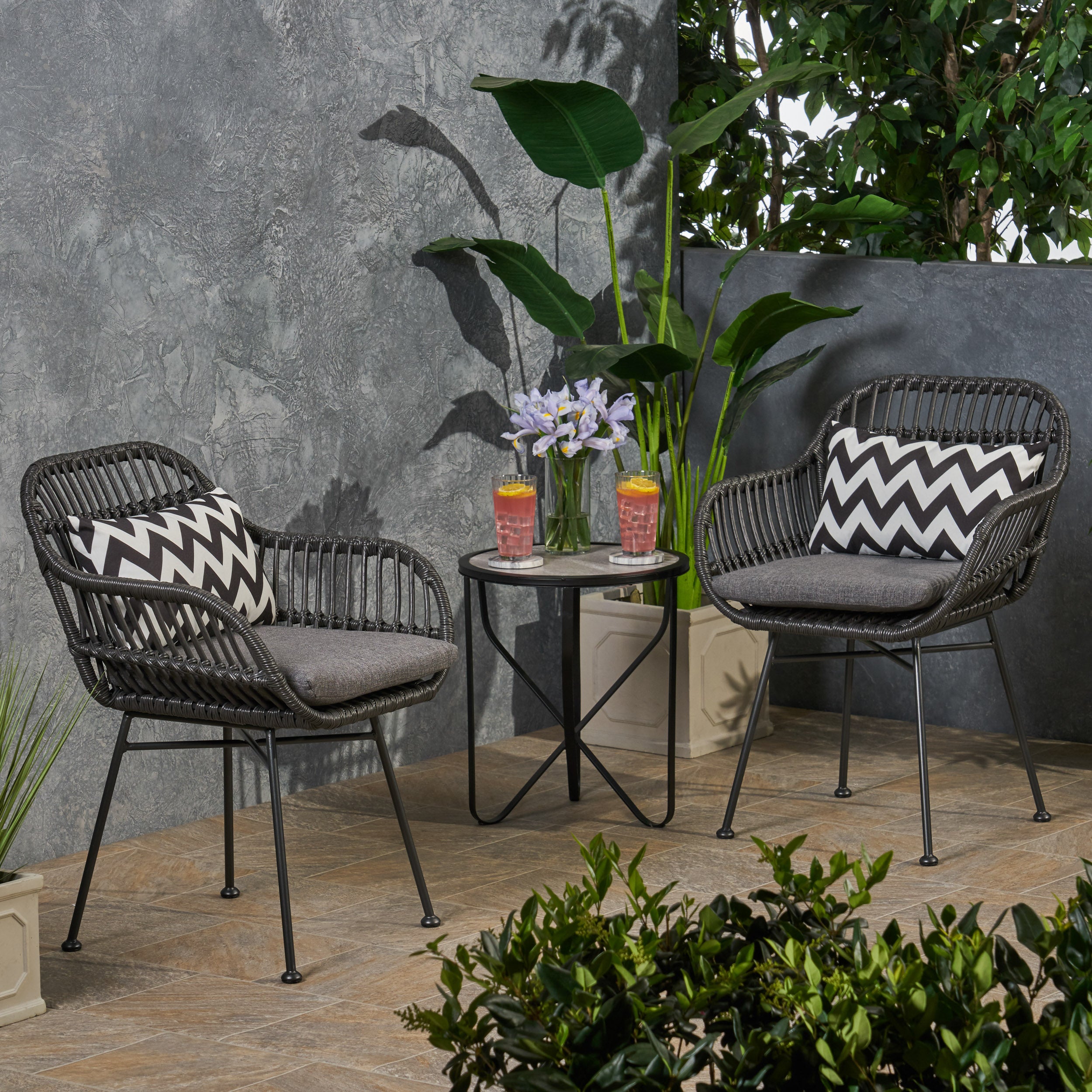 Rodney Outdoor Woven Faux Rattan Chairs with Cushions Set of 2