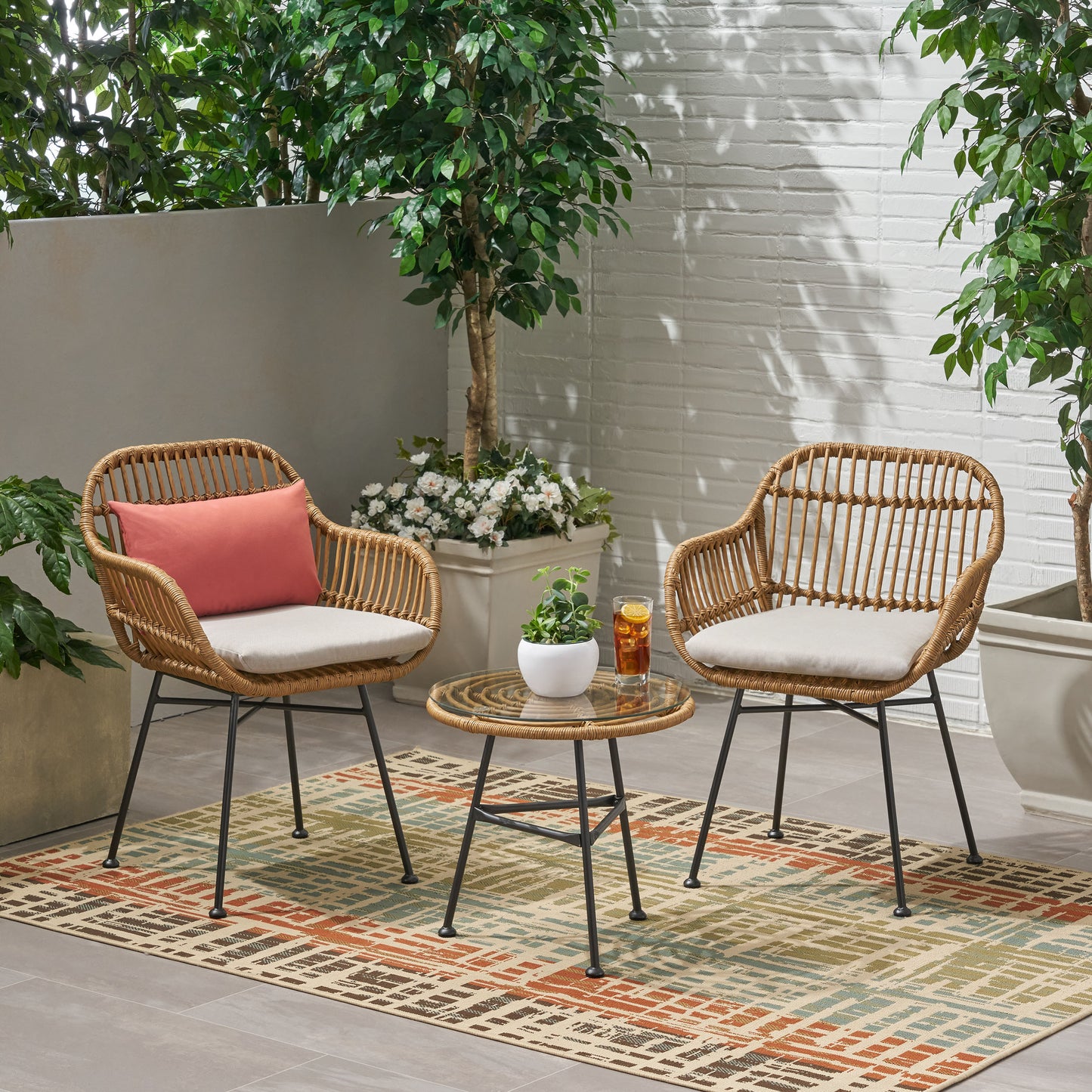 Lesley Outdoor Faux Wicker 2 Seater Chat Set with Tempered Glass Table