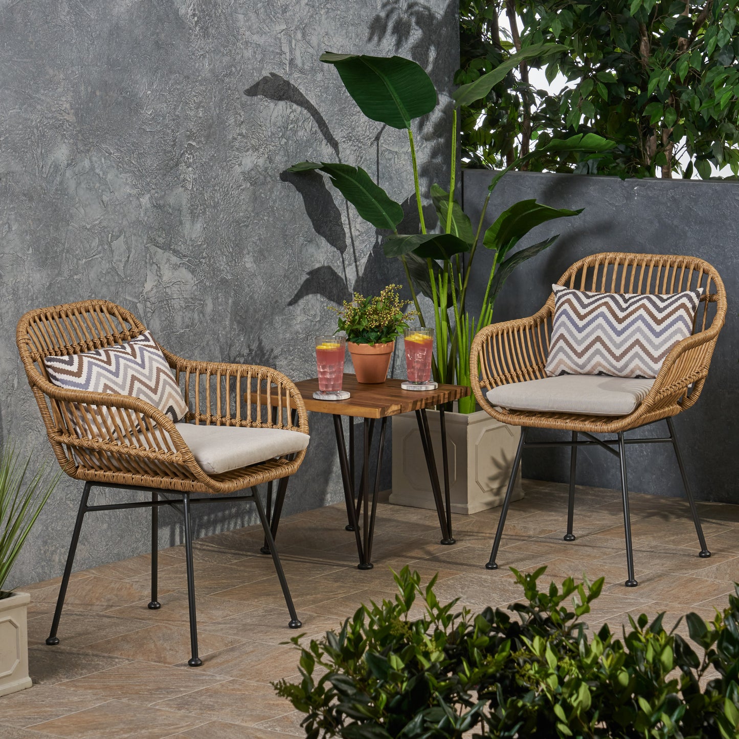 Rodney Outdoor Woven Faux Rattan Chairs with Cushions (Set of 2)