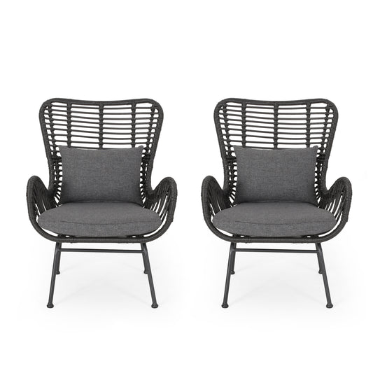 Pooneli Outdoor Wicker Club Chairs with Cushions (Set of 2)
