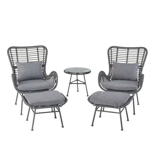 Pooneli Outdoor 5 Piece Wicker Chat Set with Ottomans