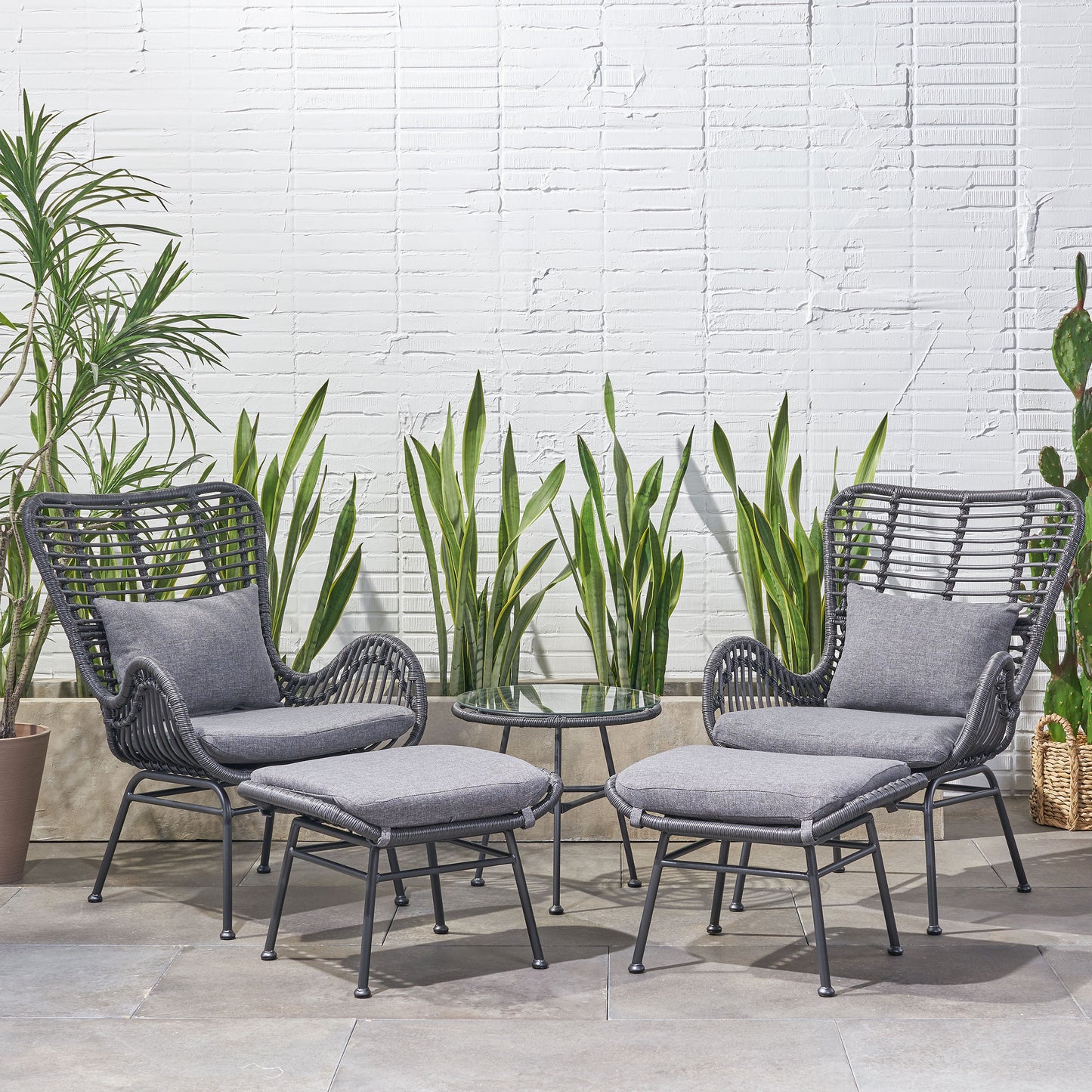 Pooneli Outdoor 5 Piece Wicker Chat Set with Ottomans