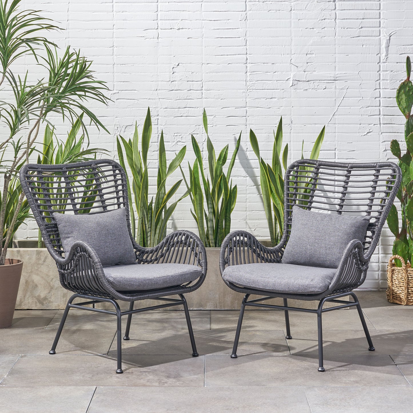 Pooneli Outdoor Wicker Club Chairs with Cushions (Set of 2)