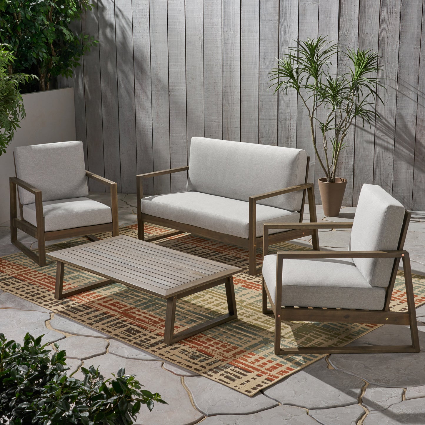 Marlee Outdoor Acacia Wood 4 Seater Chat Set with Coffee Table