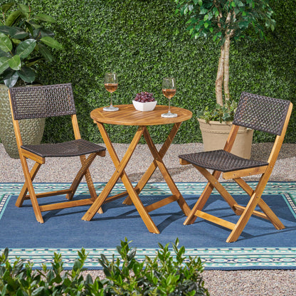 Truda Outdoor Acacia Wood Wicker Foldable Bistro Set with Chairs and Table