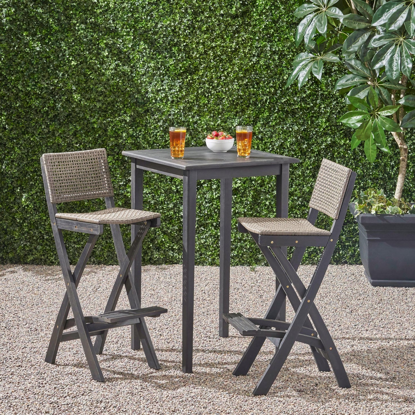 Elizabeth Outdoor 26" Square 3 Piece Wood and Wicker Bar Height Set